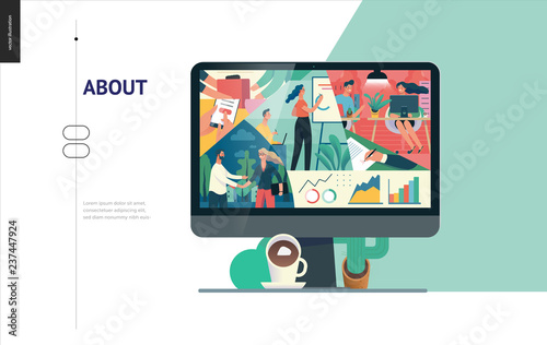 Business series, color 1- about company, office life -modern flat vector concept illustration of a company employees in workspace. Business workflow management. Creative landing page design template