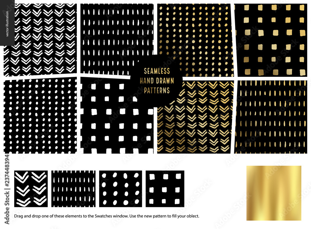 Hand drawn Patterns - a group set of eight abstract seamless patterns - black, gold and white. Geometrical lines, dots and squares. - black