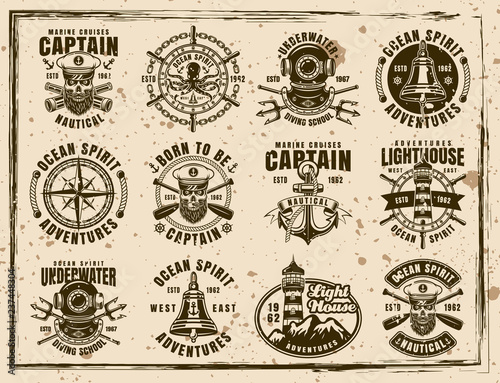 Nautical set of vector vintage grunge emblems