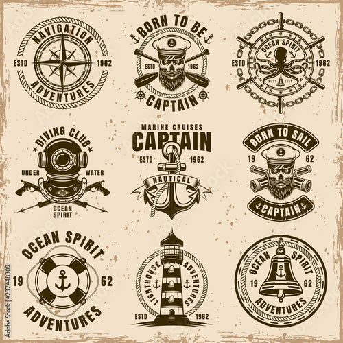 Maritime set of vector emblems on dirty background