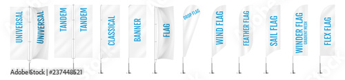White textile banner flags. Banner flag mockups set. Set of vector advertising mockups. photo