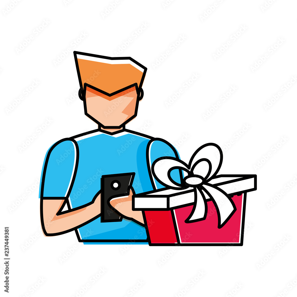 young man with gift box present and smartphone young man with gift box present and smartphone