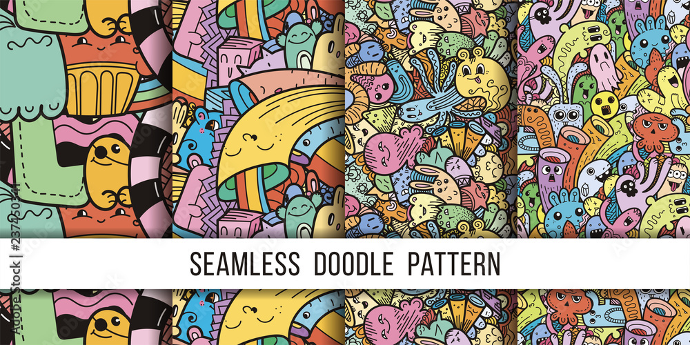 Collection of funny doodle monsters seamless pattern for prints, designs and coloring books