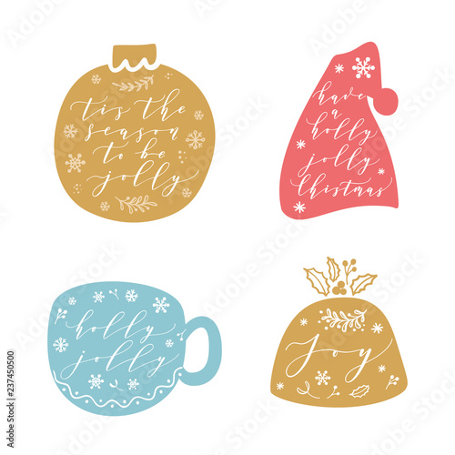 Christmas and Happy New Year wishes for labels, emblems, logo, text, greeting cards set on shapes. Vector winter holidays backgrounds with hand lettering calligraphy