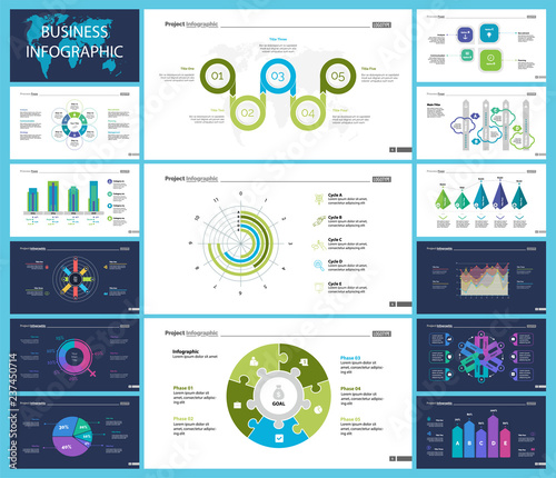 Business infographic presentation slide design set can be used for workflow layout, annual report, web design. Statistics concept. Flow chart, option graph, process chart, timeline diagram, area chart