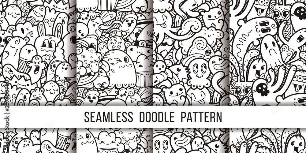 Collection of funny doodle monsters seamless pattern for prints, designs and coloring books Collection of funny doodle monsters seamless pattern for prints, designs and coloring books