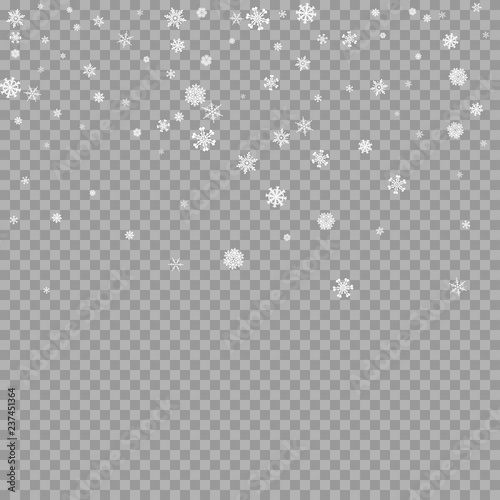 Realistic falling white snow overlay on transparent background. Snowflakes storm layer. Snow pattern for design. Snowfall backdrop texture. Vector illustration