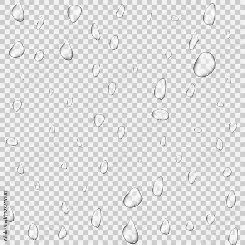 Realistic rain water drops transparent background. Reflection clean drop condensation bubble set. Vector illustration