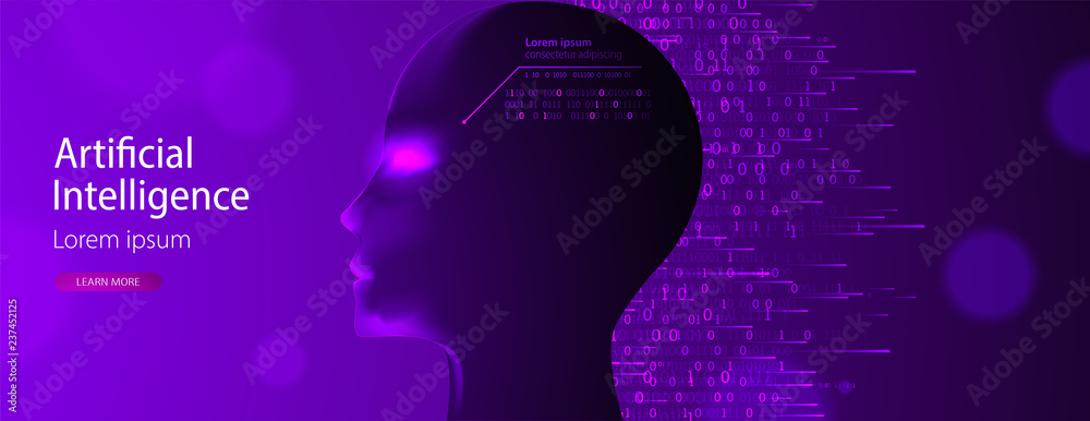 Artificial intelligence (AI) and big data concept. Machine cyber mind.  Humen face with binary data flow. Technology vector background.