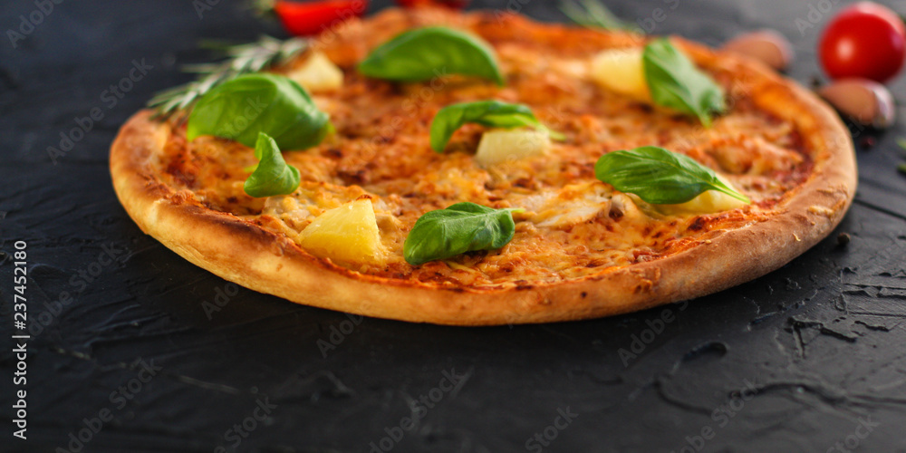 pizza, pineapple, chicken, tomato sauce, cheese, basil (pizza ingredients). Hawaiian pizza. Top view. copy space pizza, pineapple, chicken, tomato sauce, cheese, basil (pizza ingredients). Hawaiian pizza. Top view. copy space