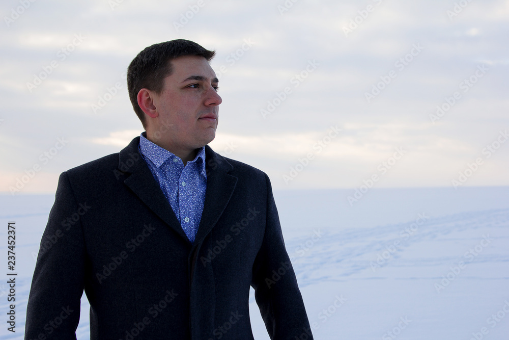 portrait man winter senses emotions facial expression frozen sea portrait man winter senses emotions facial expression frozen sea