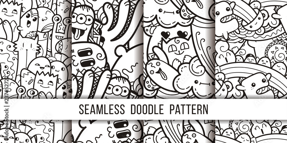 Fototapeta premium Collection of funny doodle monsters seamless pattern for prints, designs and coloring books