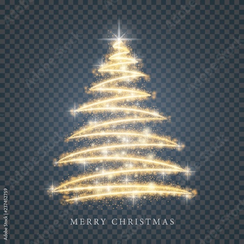 Stylized gold Merry Christmas tree silhouette from shiny circle particles on black transparent background. Vector golden christmas fir illustration eps10