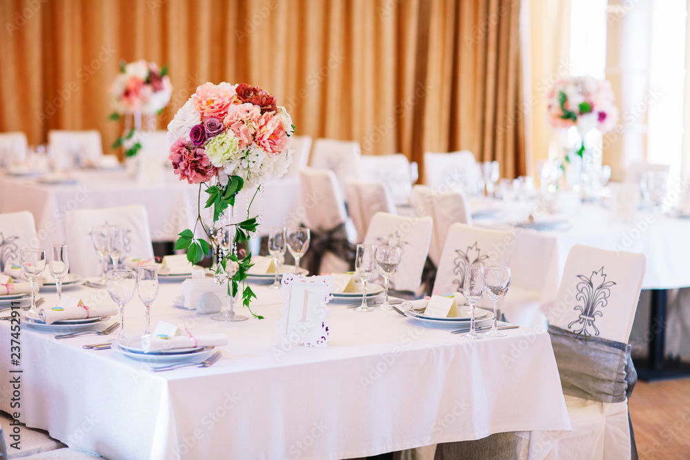 Wedding table setting in the restaurant. Wedding table setting in the restaurant.