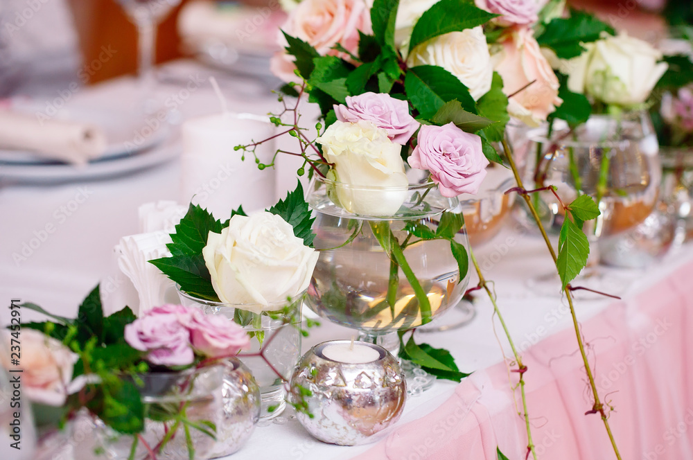 Wedding table setting in the restaurant. Wedding table setting in the restaurant.