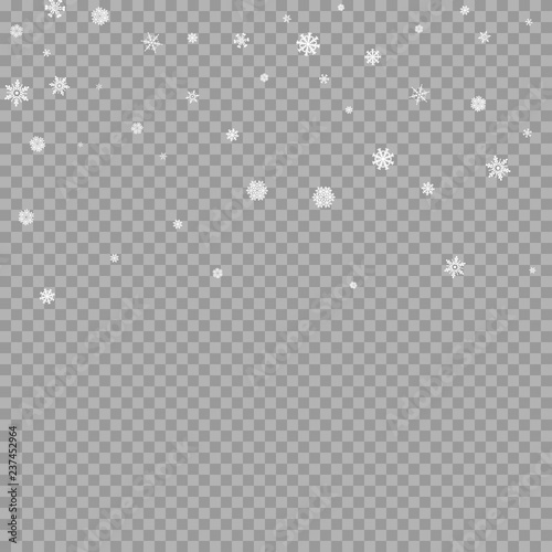 Realistic falling white snow overlay on transparent background. Snowflakes storm layer. Snow pattern for design. Snowfall backdrop texture. Vector illustration