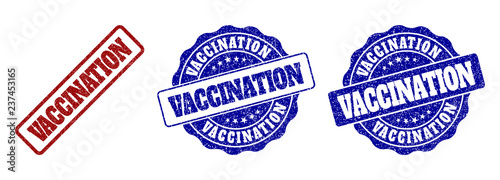 VACCINATION grunge stamp seals in red and blue colors. Vector VACCINATION overlays with grunge surface. Graphic elements are rounded rectangles, rosettes, circles and text tags.