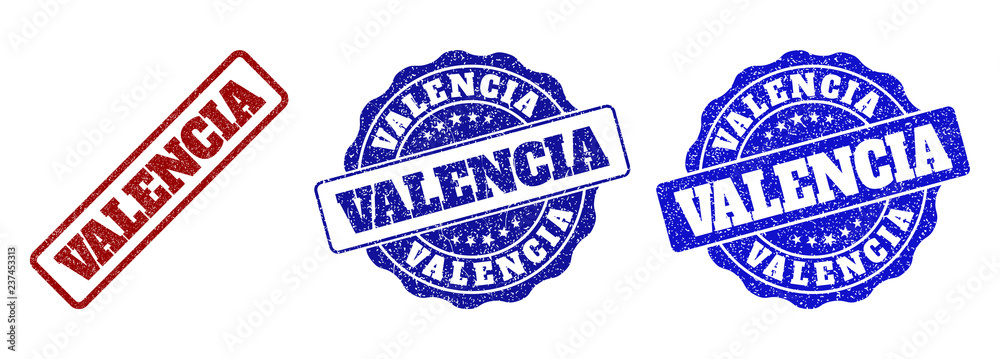 VALENCIA grunge stamp seals in red and blue colors. Vector VALENCIA marks with grunge effect. Graphic elements are rounded rectangles, rosettes, circles and text titles. VALENCIA grunge stamp seals in red and blue colors. Vector VALENCIA marks with grunge effect. Graphic elements are rounded rectangles, rosettes, circles and text titles.