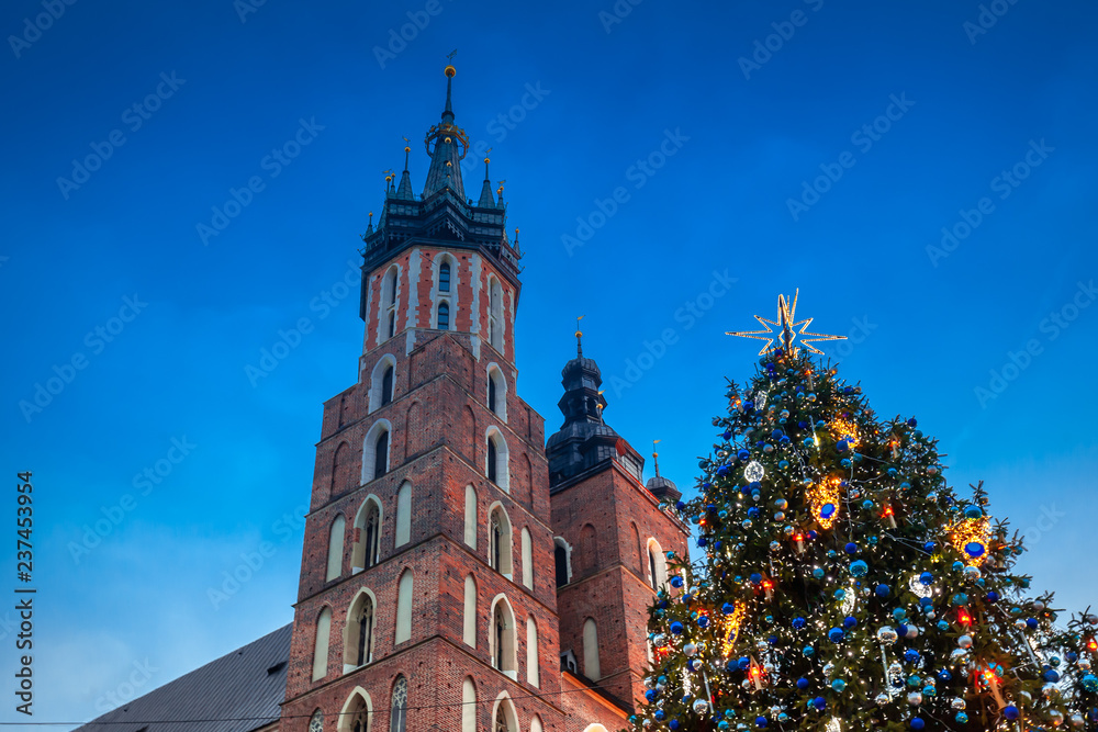 Christmas market in Krakow city on evening