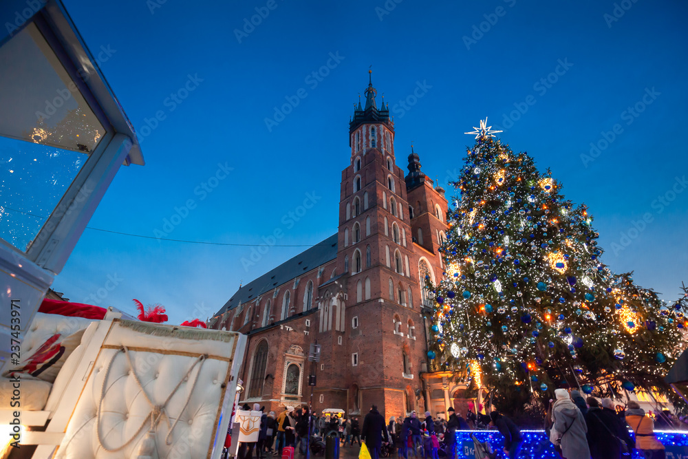 Christmas market in Krakow city on evening
