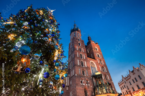 Christmas market in Krakow city on evening