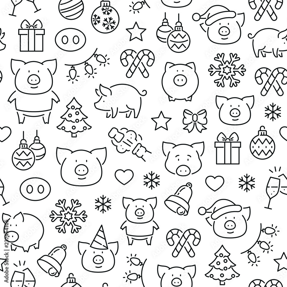 Seamless pattern with New year and pig. Black and white thin line icons