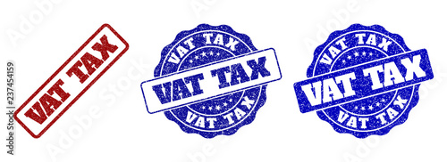 VAT TAX grunge stamp seals in red and blue colors. Vector VAT TAX imprints with grunge style. Graphic elements are rounded rectangles, rosettes, circles and text captions.