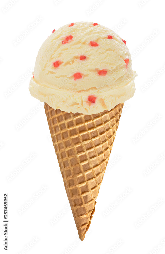 Vanilla ice cream scoop with strawberry pieces in waffle cone isolated on white background