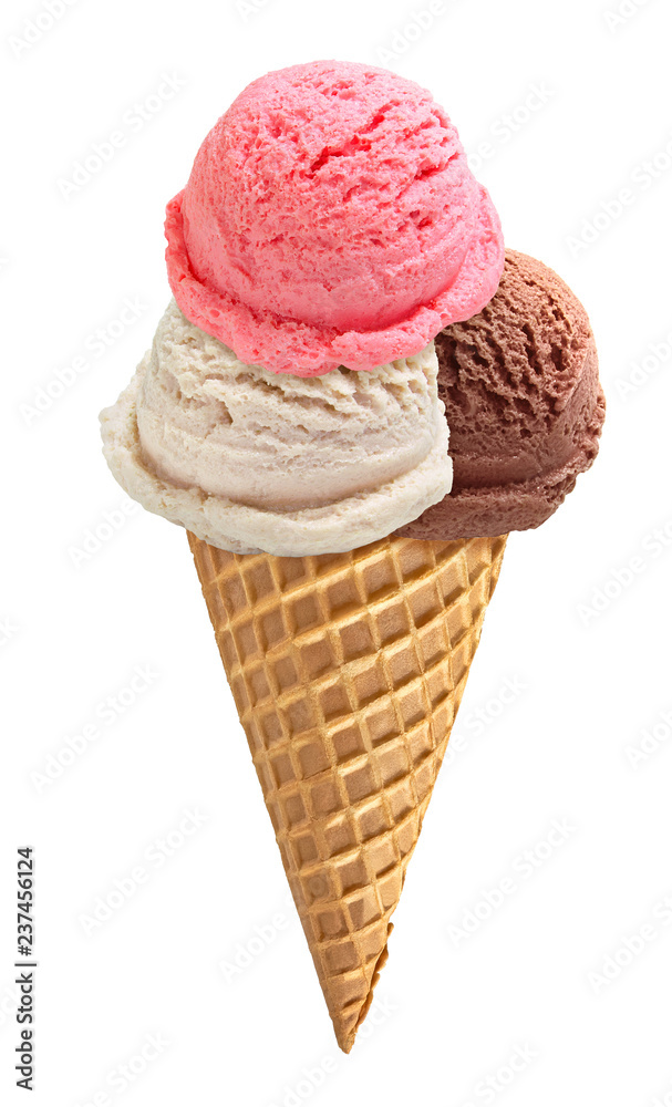Strawberry, chocolate and Vanilla ice cream scoops on cone isolated on white background Strawberry, chocolate and Vanilla ice cream scoops on cone isolated on white background