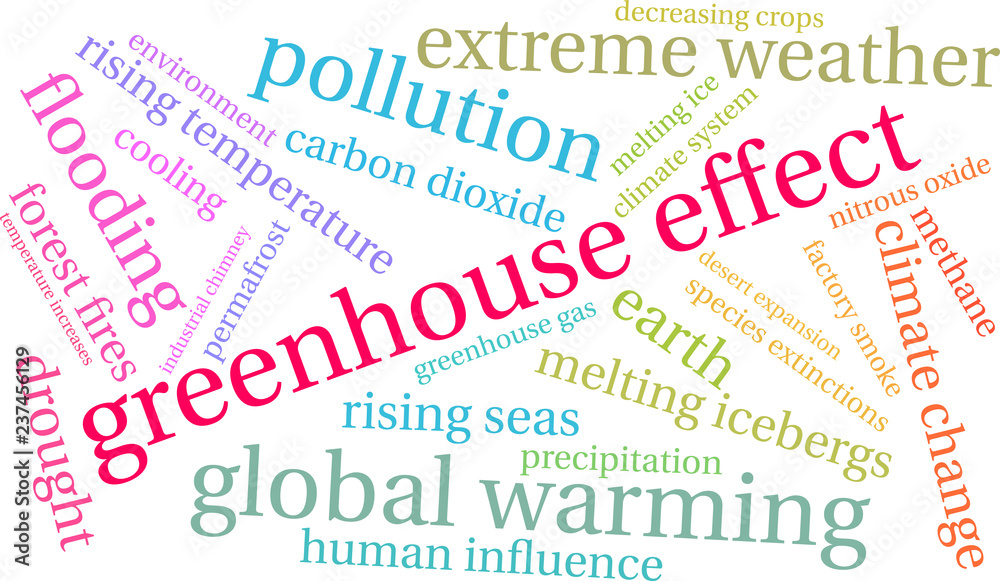 Greenhouse Effect Word Cloud on a white background. Greenhouse Effect Word Cloud on a white background.