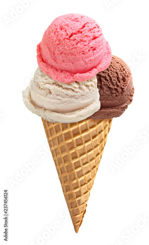 Strawberry, chocolate and Vanilla ice cream scoops on cone isolated on white background