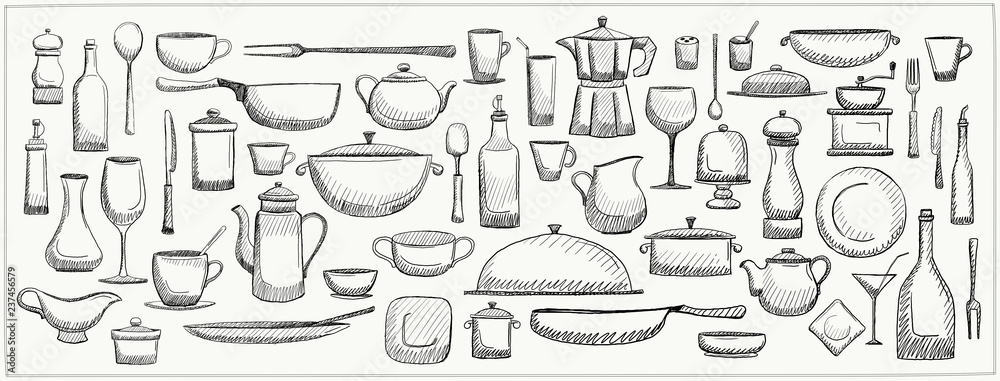 Graphic doodle set of kitchen utensils and tableware Graphic doodle set of kitchen utensils and tableware