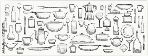 Graphic doodle set of kitchen utensils and tableware