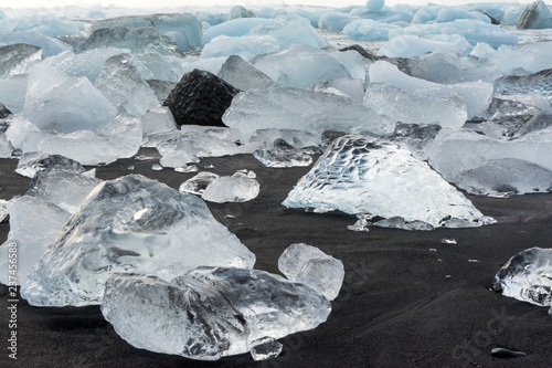 View of the ice floes in the sea, and beach in Jökulsárlón, Iceland