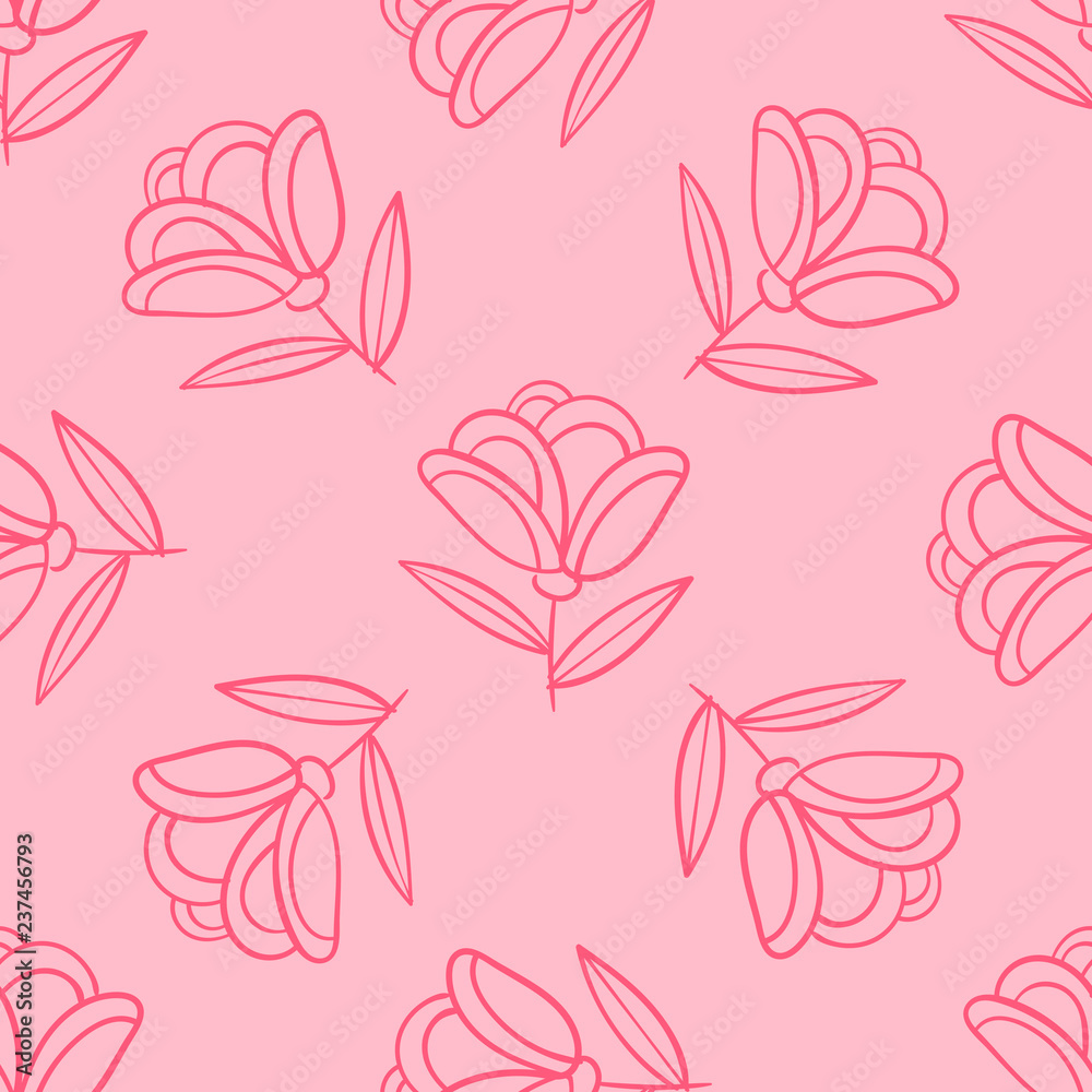 Abstract seamless pattern with pink flowers, roses. Vector illustration.