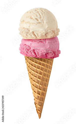 Strawberry and Vanilla ice cream scoops on cone isolated on white background