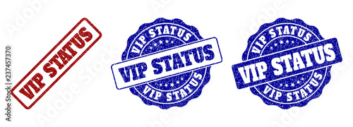 VIP STATUS grunge stamp seals in red and blue colors. Vector VIP STATUS marks with grunge effect. Graphic elements are rounded rectangles, rosettes, circles and text tags.