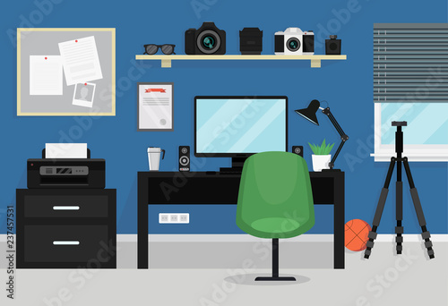 Interior of modern teenager room. Workspace for photographer. Flat vector illustration