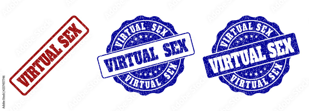 VIRTUAL SEX grunge stamp seals in red and blue colors. Vector VIRTUAL SEX watermarks with grunge style. Graphic elements are rounded rectangles, rosettes, circles and text tags.