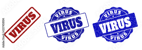 VIRUS grunge stamp seals in red and blue colors. Vector VIRUS labels with draft surface. Graphic elements are rounded rectangles, rosettes, circles and text labels.