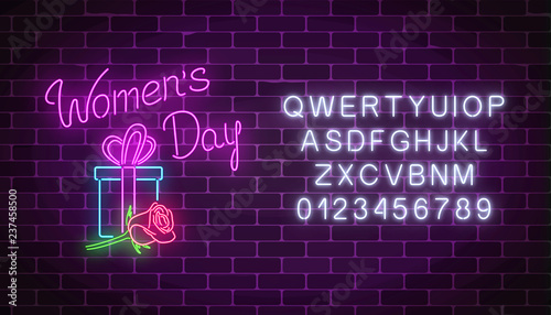 Glowing neon banner of 8 march holiday with alphabet. Spring world women day greetings