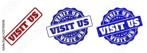 VISIT US scratched stamp seals in red and blue colors. Vector VISIT US labels with grunge effect. Graphic elements are rounded rectangles, rosettes, circles and text labels.