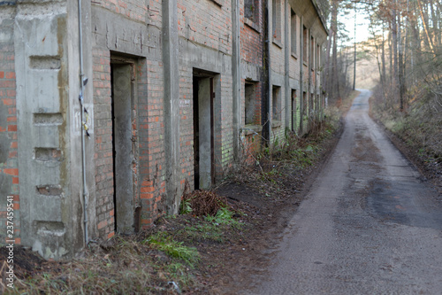 Factory ruins in a wooded area. Abandoned building and forest road. © Piotr