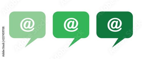Email symbol in speech bubbles. Green gradient speech bubbles with at symbol. Design elements for your works.