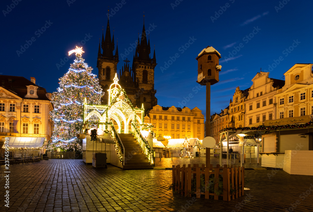 Christmas tree and Christmas market in the center of Prague, Czech Republic in 2018
