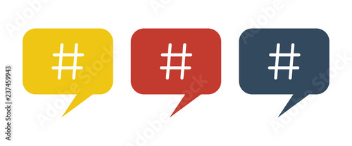 Yellow, red and blue speech bubbles with hashtag symbol. Hashtag symbol in speech bubbles.