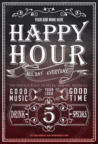 Happy hour on chalkboard. Beautiful greeting card poster, calligraphy golden text with beer mug and lettering. Hand drawn, design elements. Black red background. Vector EPS 10.