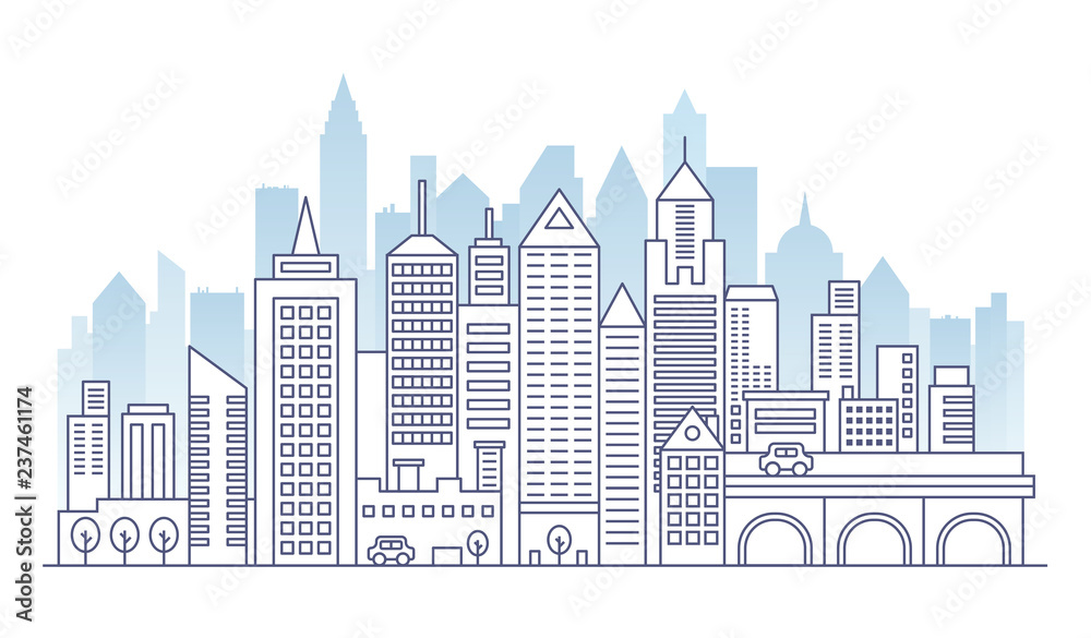 City landscape line panorama template with flat color high skyscrapers. Outline smart urban city vector illustration.