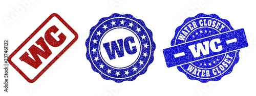 WC grunge stamp seals in red and blue colors. Vector WC watermarks with grunge effect. Graphic elements are rounded rectangles, rosettes, circles and text titles. Designed for rubber stamp imitations.