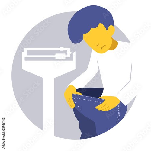 Man weighs and measures his clothes. Lung Cancer Symptom. Weight loss. Infographic. Vector illustration. Healthcare poster or banner template.